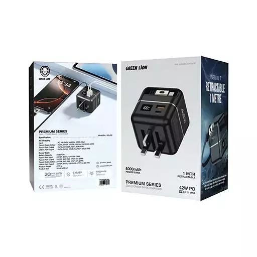شارژر ۴۲ وات و پاوربانک ۵ هزار میآمپر ساعتی پریمیوم گان گرین لاین مدل GNGAN42PB10BK