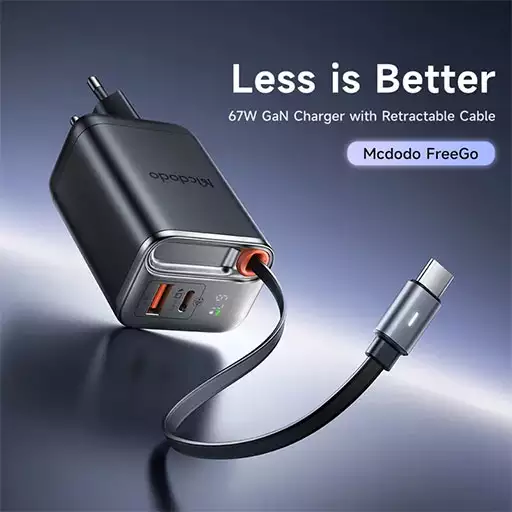 شارژر دیواری 3 پورت 67 وات مک دودو با کابل جمع شونده تایپ سی مدل CH-4100 GaN