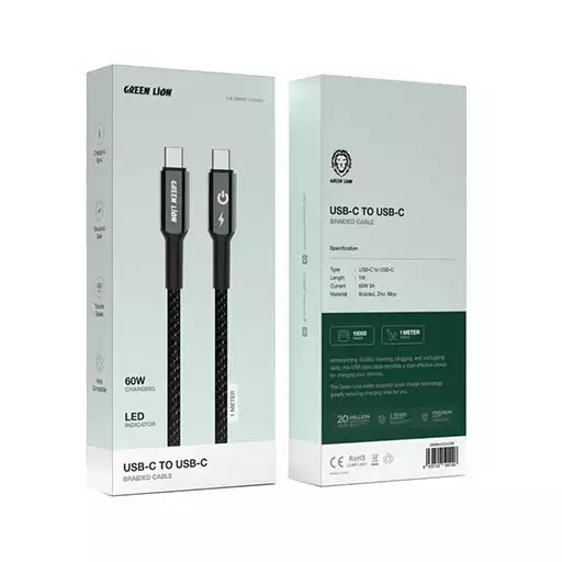 کابل شارژ کنفی تایپ سی به تایپ سی روکش کنفی 60W گرین لاین 1 متری مدل GNBRUC2UCBK