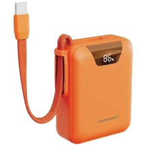 پاوربانک پاورولوژی York ظرفیت ۱۰۰۰۰ میلی‌آمپرساعت با کابل USB-C داخلی رنگ نارنجی
