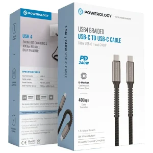 كابل USB4 كنفي 240 وات 40Gbps تايپ سي پاورولوژي مدل PCAB033BK طول كابل 1.5 متر